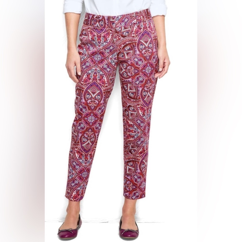 Lands End Slim Twill Pants Size 14 Berry Rouge Print NWT
